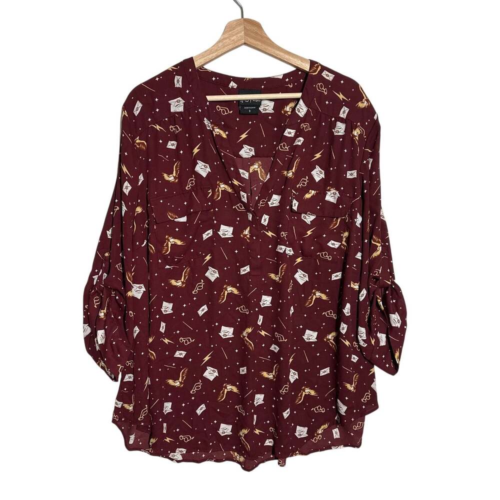 Torrid Harry Potter Maroon Harper Chiffon Blouse Roll Sleeve Icon Print Sz 3/ 3X